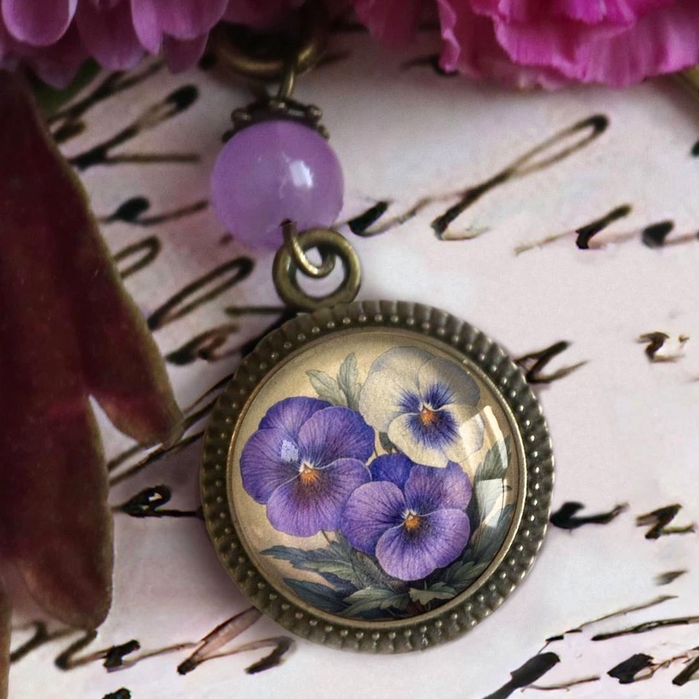 Purple Pansies Flowers Bookmark - Spring Floral -‎ Bronze and Glass Cabochon